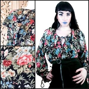 Vintage 1990s Ruffle Collar Bishop Sleeve Fairycore Garden Blouse